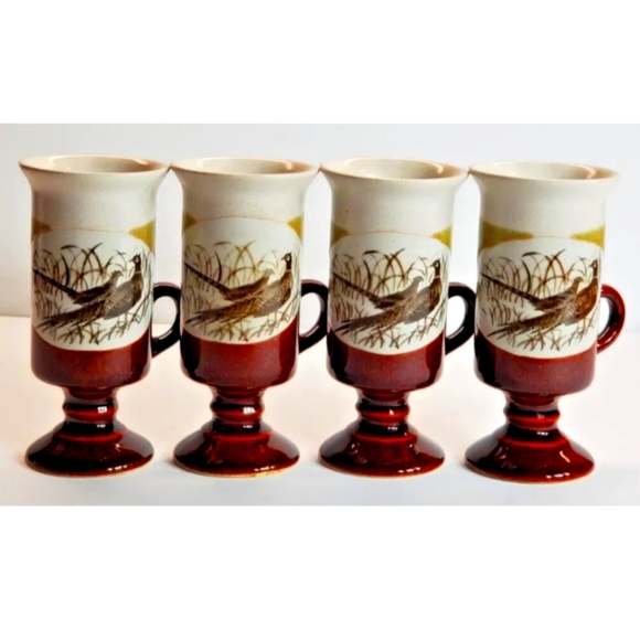 OTAGIRI Pheasants Pedestal Irish Coffee Footed Mugs 6 oz Vintage set of 4 - Picture 10 of 10